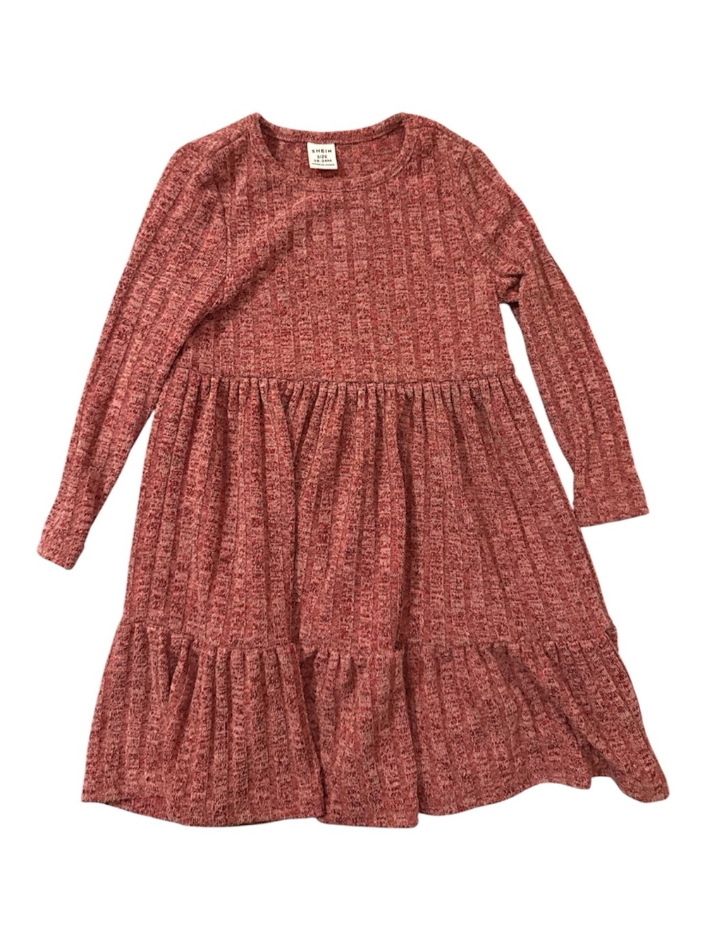 SHEIN Girls' Rust Red Knit Tiered Long Sleeve Dress